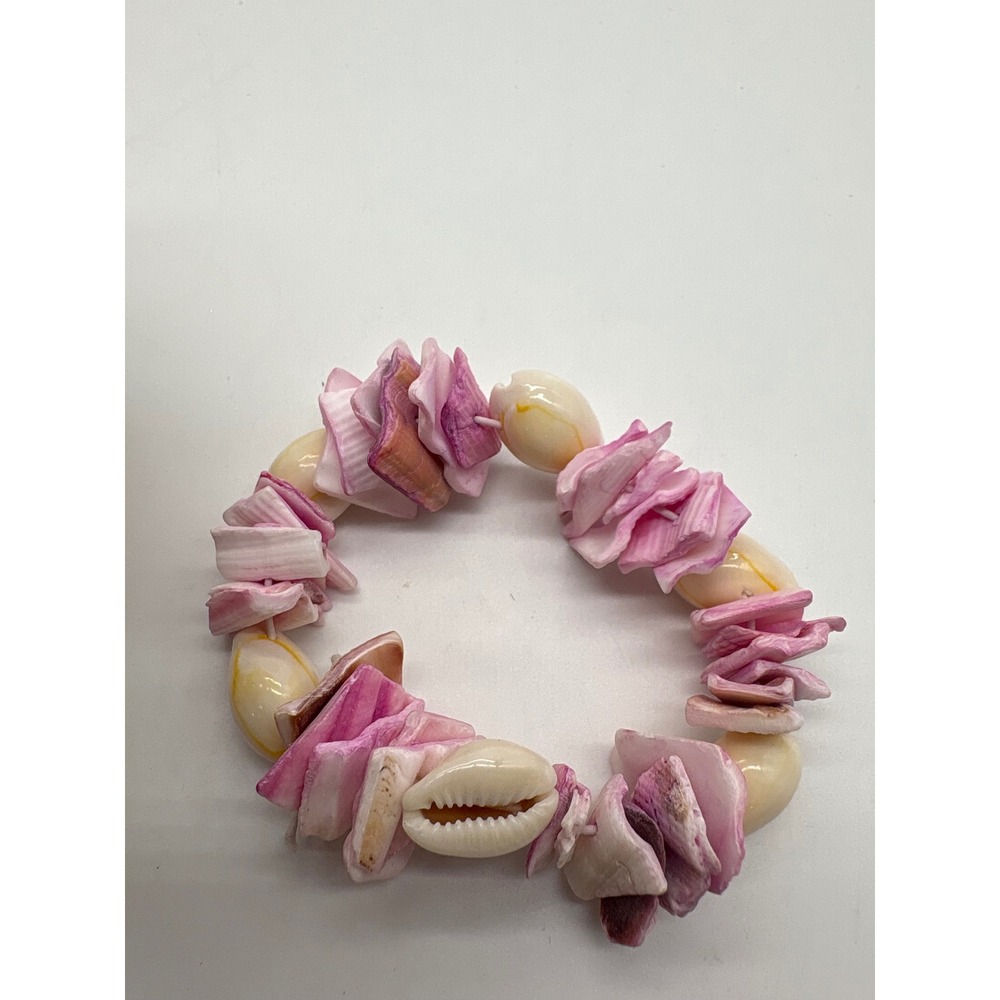 Pink White Cowrie Sliced Shell Elastic Stretch Bracelet Boho Coastal Beach